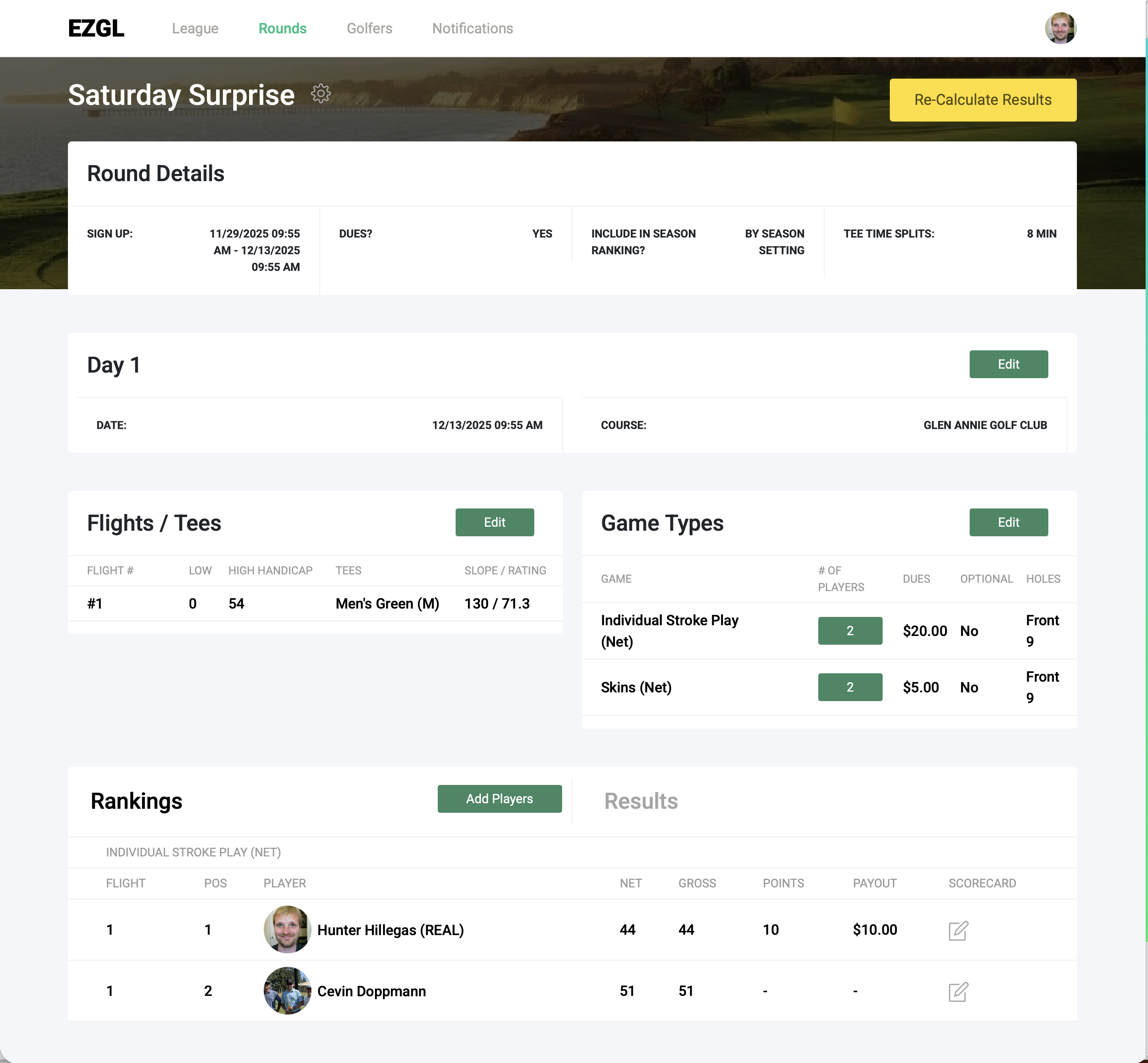 EZ Golf League desktop round detail view